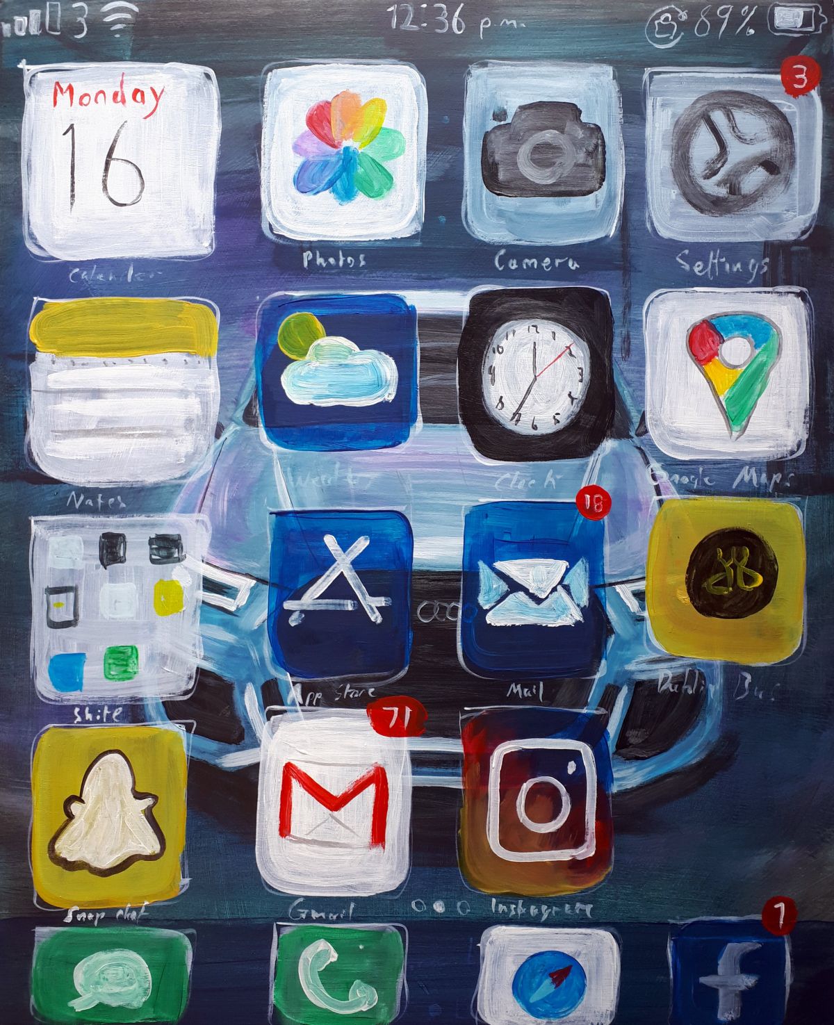 Stage 2 (Home Screen), 12:36pm, 16/4/20, Arcylic on Board, 60x50cm