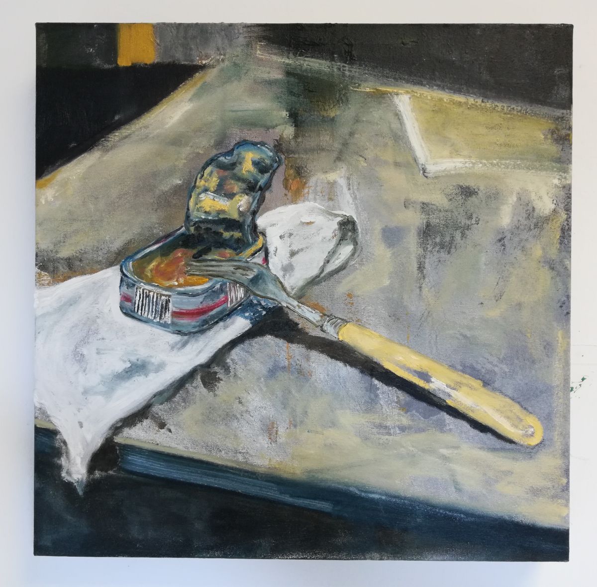Fork and tin of fish - 2020, Oil on stretched canvas, 45 x 45 x 4.5 cm