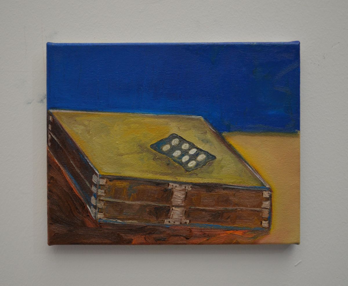 Tablets for me headache - 2020, Oil on stretched canvas, 24 x 30 x 1.5 cm