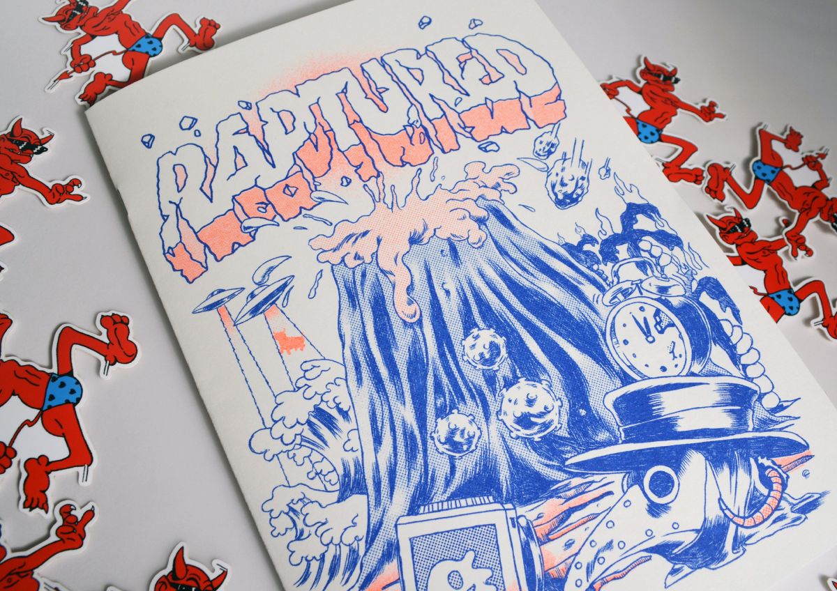 Images 01-06 — spreads from riso book Raptured, an illustrated history of the doomsday scenarios that failed to end humanity, and the possibility of future events.