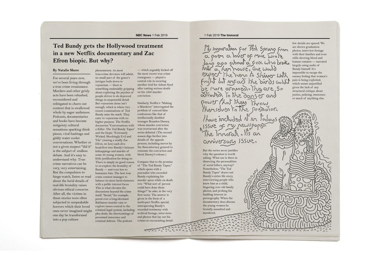 Illustrations from 'The Immoral - A newspaper/graphic novel exploring the media's use of serial killers for financial gain.