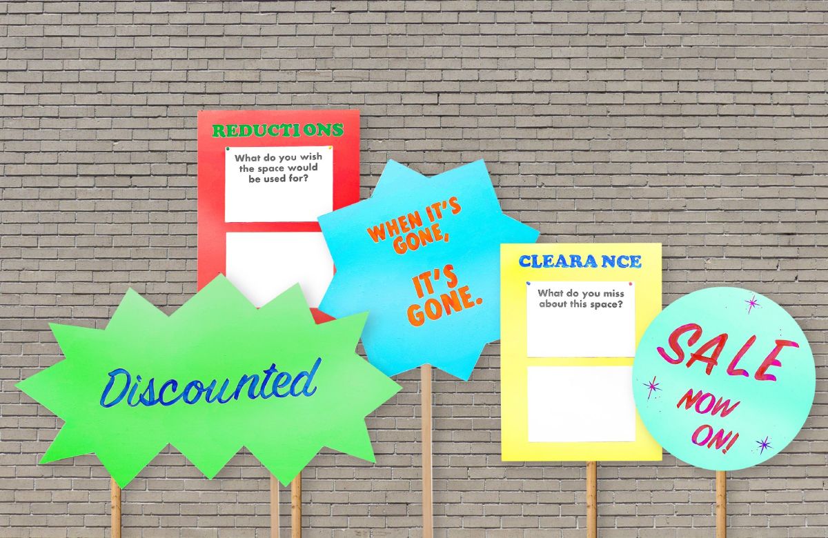 5. 'Discounted': Large Scale Tags Presented as Pickets, Hand Painted and Hand Cut.