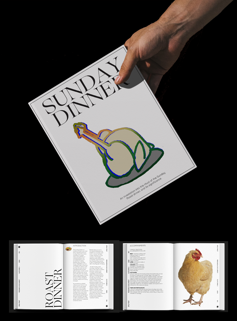 Publication design - Sunday Dinner. This book was designed within a series of publications as an investigation into the history of the Sunday Roast and its significance.
