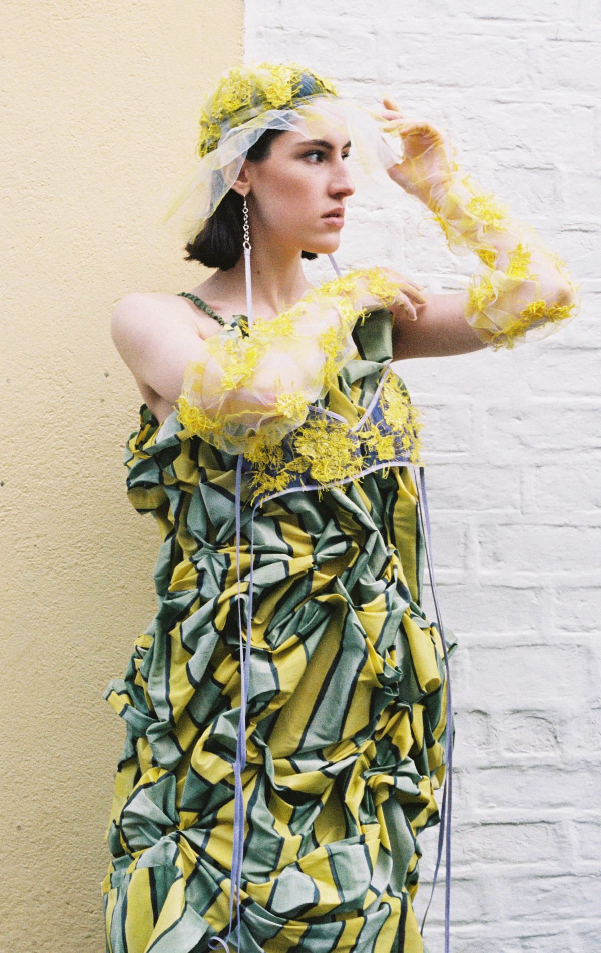 Outfit 4 - silk taffeta blouse made from the 6 panels of an unwanted wedding dress, with crinkle pleating areas. A hand-painted and manipulated squashed skirt in silk taffeta. Both feature repurposed silk-covered buttons.