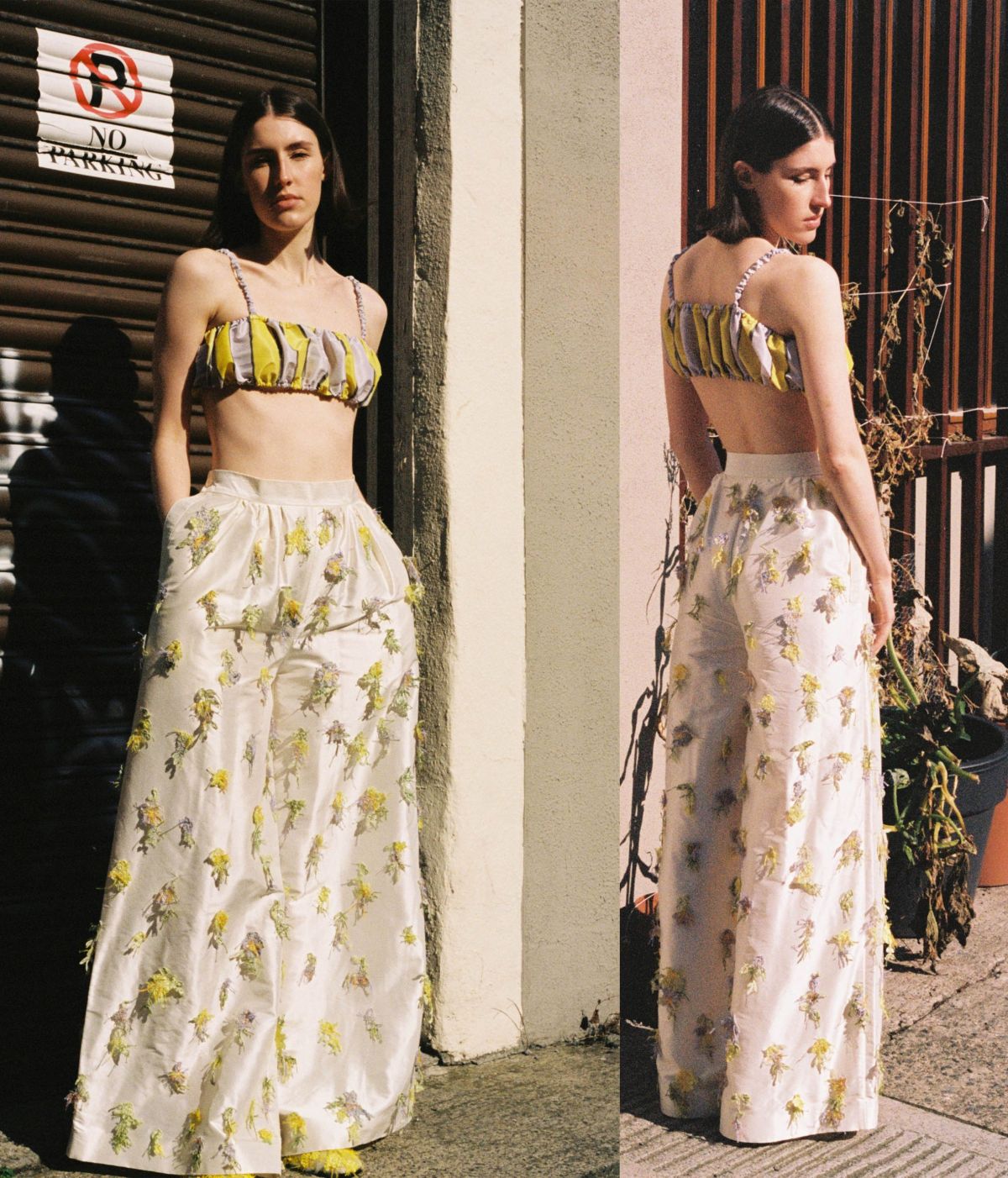 Outfit 1 - Hand-painted squash dress with tulle and lace gloves, hat, and earring bralette. All hand-dyed, painted and embroidered, repurposed from unwanted wedding dresses.
