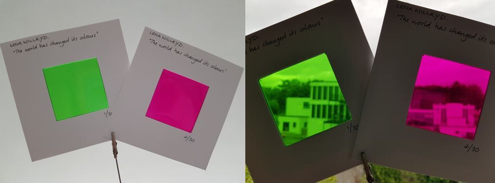 The world has changed its colours, limited edition memento card, paper and coloured acetate, 13.5x13.5cm
