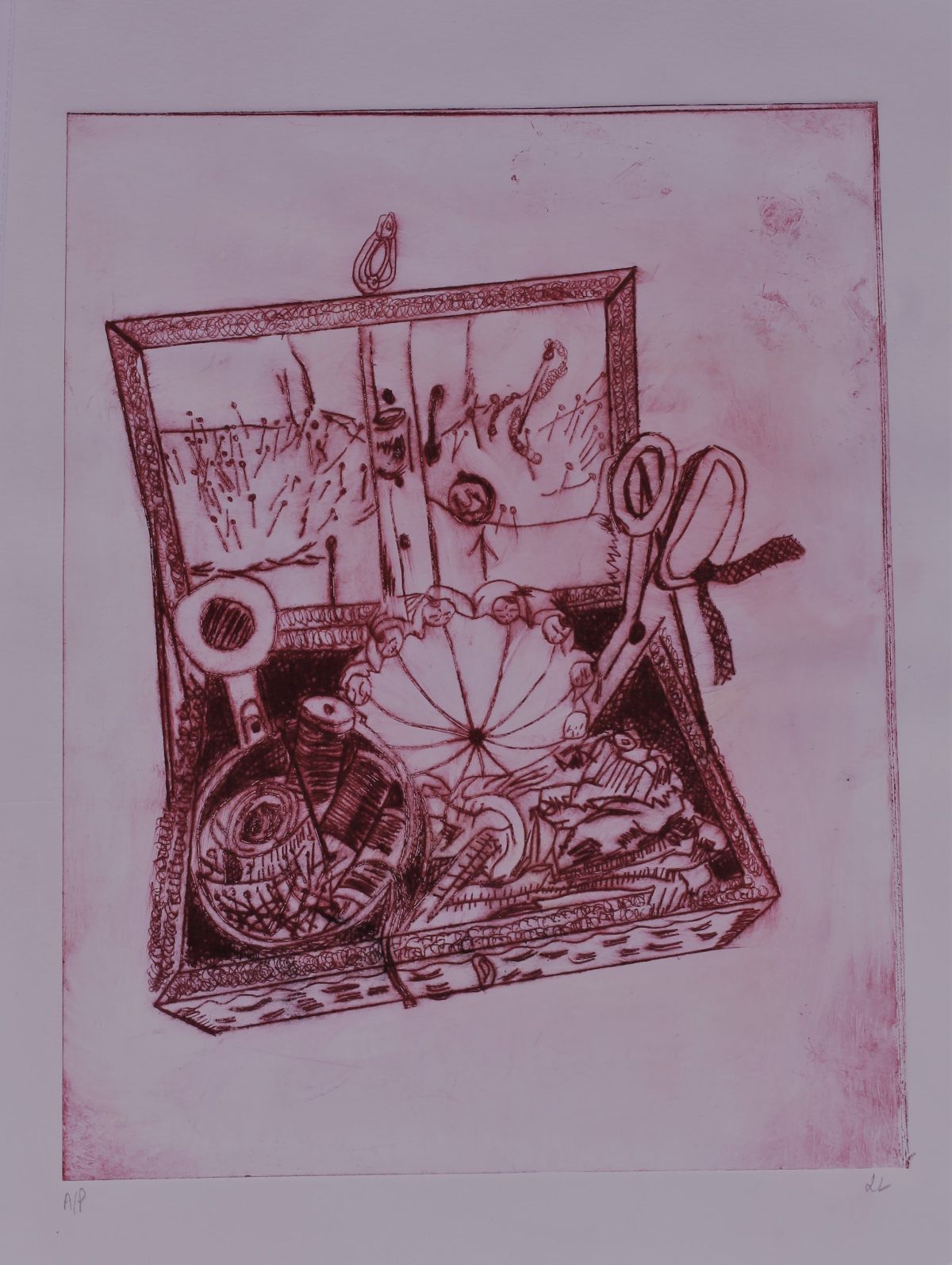 9. Unravelled Treasure – Inspiration Sewing Box, Acetone Transfer and Dry Point Print, Lorna Lafferty