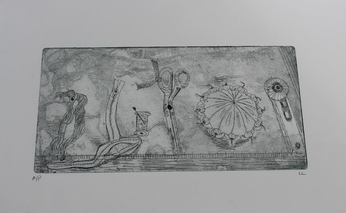 8. Unravelled Treasure – Sewing Tools and Notions, Soft Ground Print, Lorna Lafferty