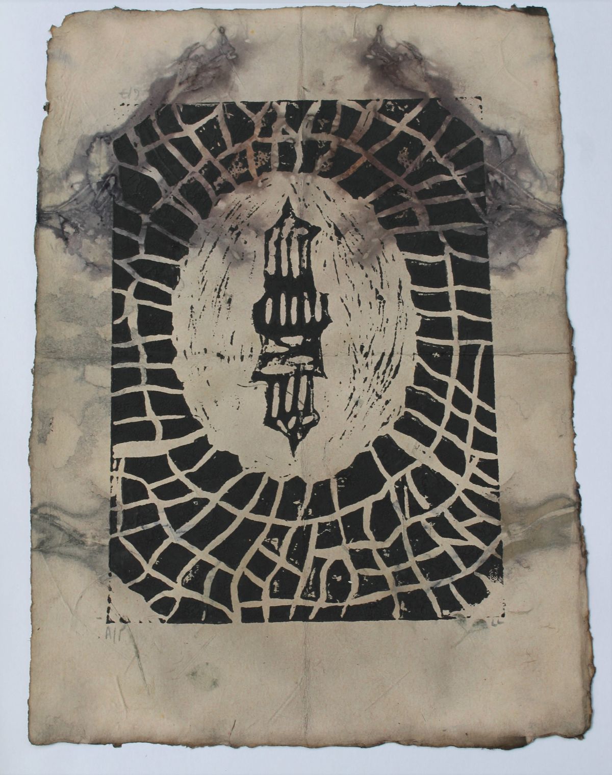 4. Environment – Lighthouse Reversal, Lino Print image on eco printed handmade paper, Lorna Lafferty