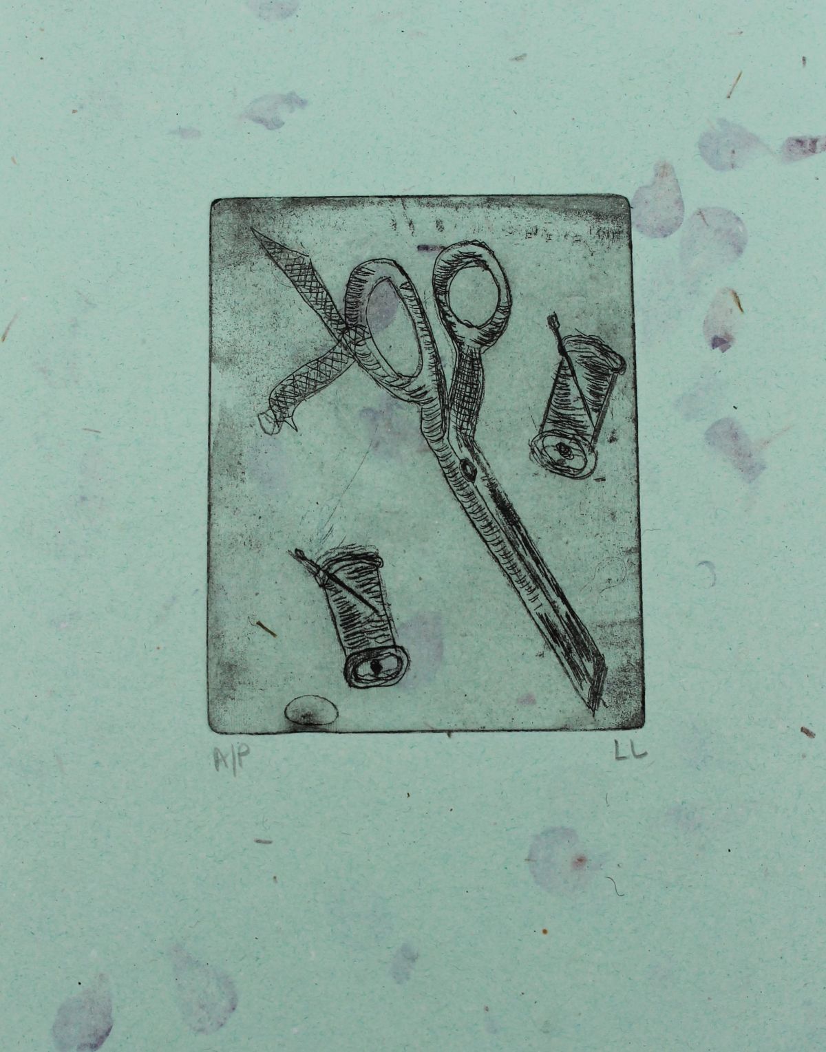 7. Unravelled Treasure – Scissors and Thread, Dry Point Etched Print, Lorna Lafferty