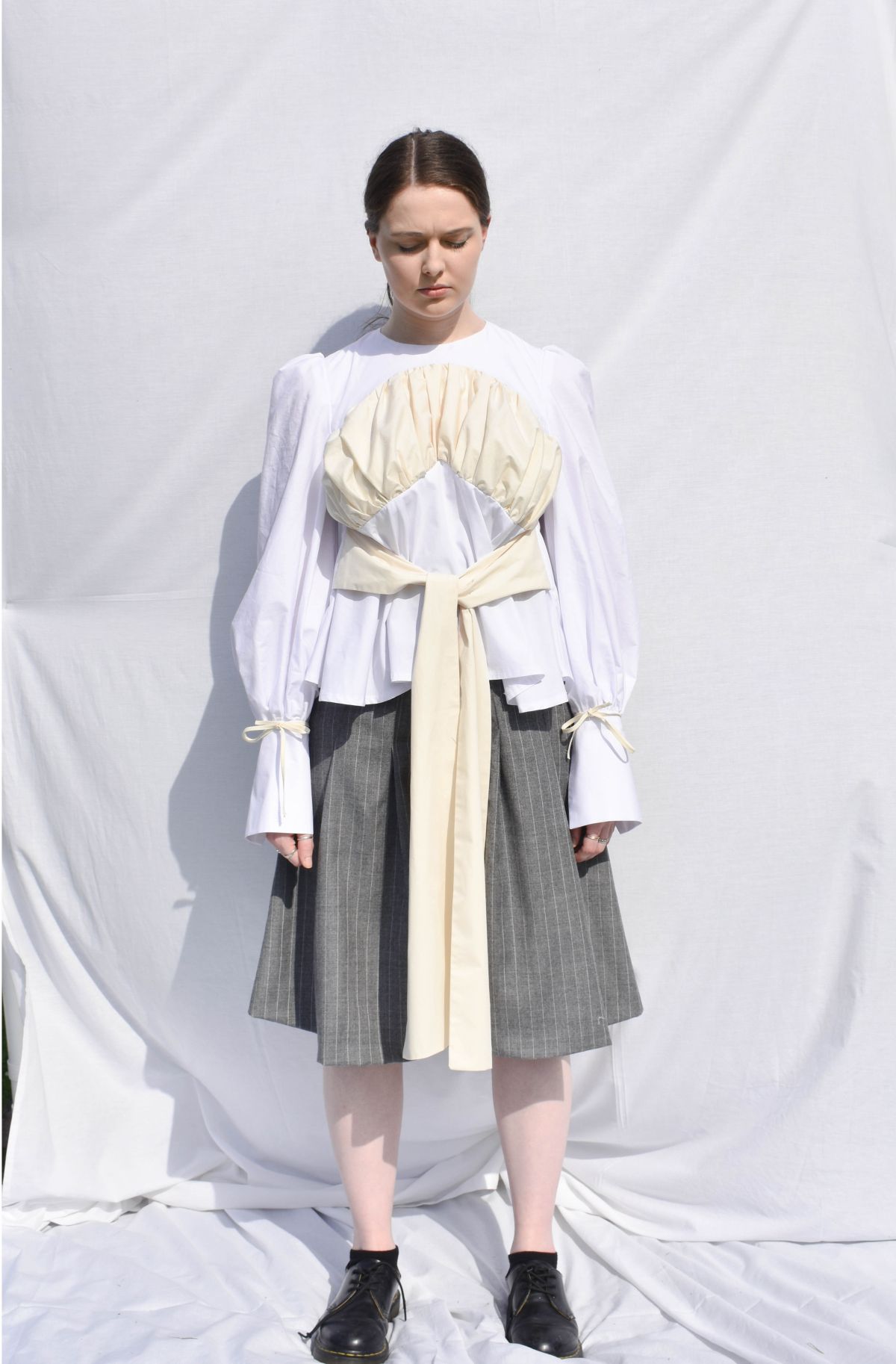 -Every Grace and Blessing You Need - Outfit 2; Underlayer, suiting wool shorts and cotton blouse.
