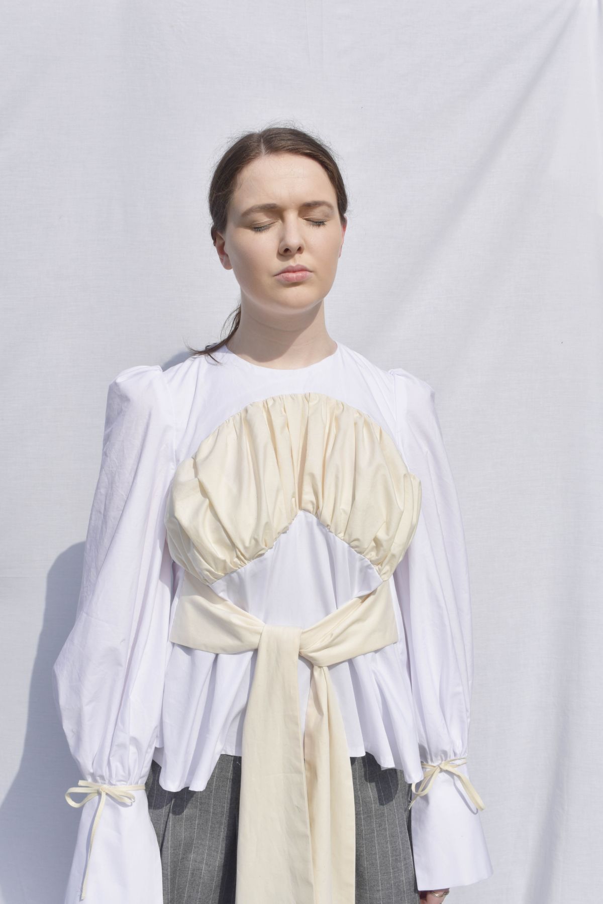 -Every Grace and Blessing You Need - Outfit 2; Underlayer, suiting wool shorts and cotton blouse.