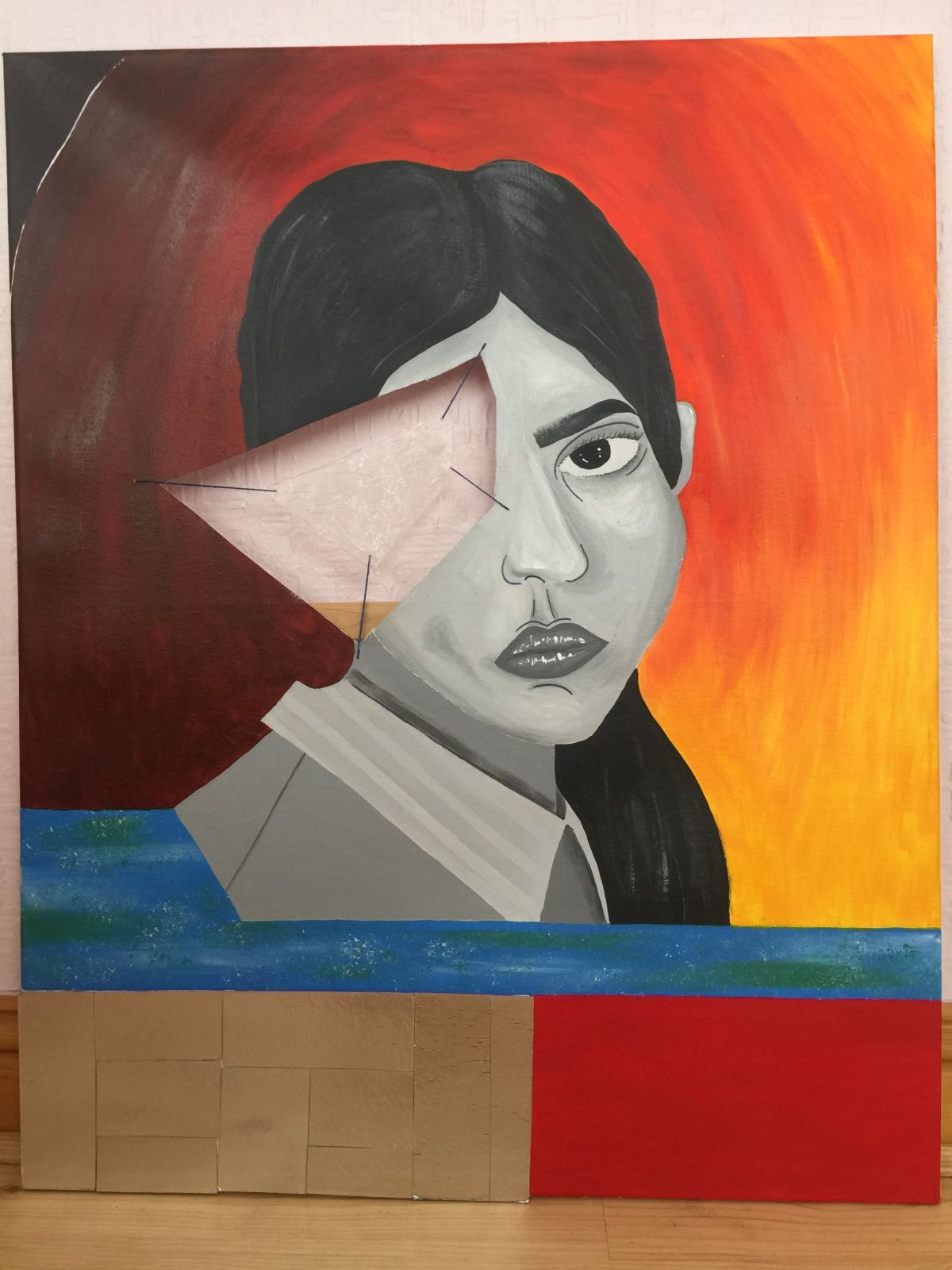 61x76cm. Acrylic, thread, marker, perspex, tinfoil & clear silicone.