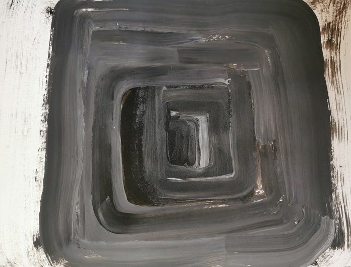 7.	How the sun will find us at the end of winter (2).jpg. Indian ink, gesso and carborundum powder on paper. 42 cms x 28 cms.