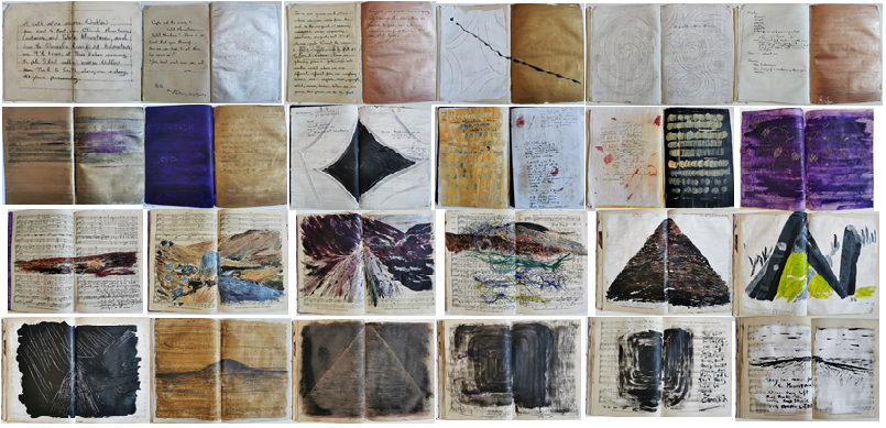 2.	Book.jpg.  Acrylic paint, inks, gesso, carborundum powder & cotton thread from prayer flags, in 24 double pages of 32 cms x 25 cms.