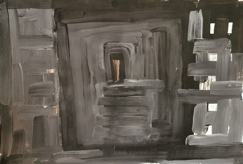 6.	How the sun will find us at the end of winter (1).jpg. Indian ink, gesso and carborundum powder on paper. 42 cms x 28 cms.