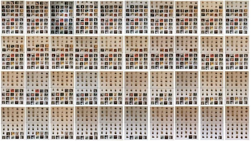 8.	Quarantine Calendar (1) jpg. 40 faces – 40 stones; CDs, paper, pencil and stones. Each image is originally 140 cms x 100 cms.